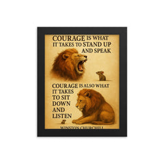 Winston Churchill quote courage standing up speaking sitting down listening lion and mouse framed print on a plain backdrop in size 8"x10".