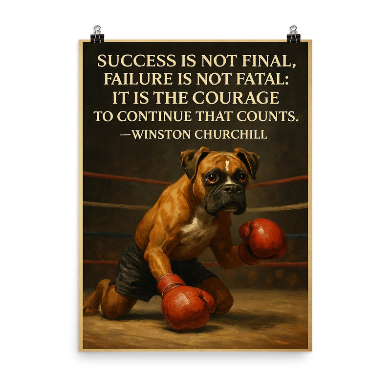 winston churchill quote courage to continue boxer dog knocked down success failure poster on a plain backdrop in size 8