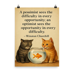 winston churchill quote optimist pessimist two cats poster on a plain backdrop in size 8"x10".