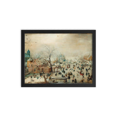 Winter Landscape with Ice Skaters by Hendrick Avercamp, c 1608 framed print on a plain backdrop in size 12"x16".