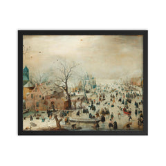 Winter Landscape with Ice Skaters by Hendrick Avercamp, c 1608 framed print on a plain backdrop in size 16"x20".