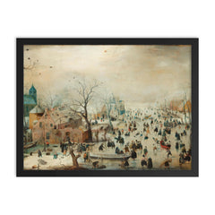 Winter Landscape with Ice Skaters by Hendrick Avercamp, c 1608 framed print on a plain backdrop in size 18"x24".
