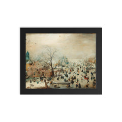 Winter Landscape with Ice Skaters by Hendrick Avercamp, c 1608 framed print on a plain backdrop in size 8"x10".