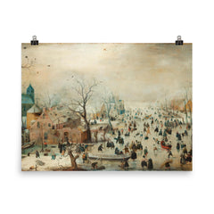 Winter Landscape with Ice Skaters by Hendrick Avercamp, c 1608 poster on a plain backdrop in size 8"x10".
