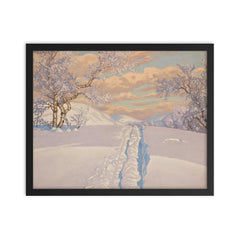 Winter Landscape with Ski Tracks by Gustaf Fjaestad framed print on a plain backdrop in size 16"x20".