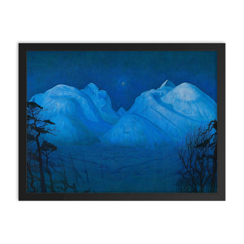 Winter Night in the Mountains by Harald Sohlberg, 1914 framed print on a plain backdrop in size 18