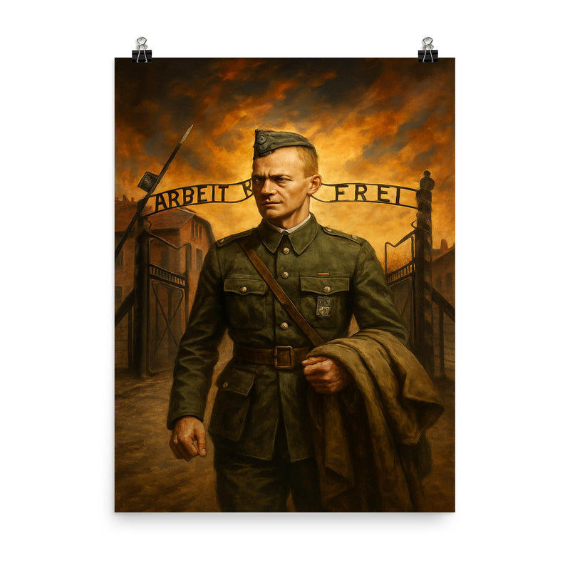 Witold Pilecki entering Auschwitz by choice poster on a plain backdrop in size 8