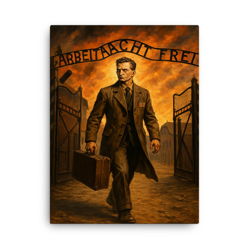 Witold Pilecki entering Auschwitz by design canvas print on a plain backdrop in size 18