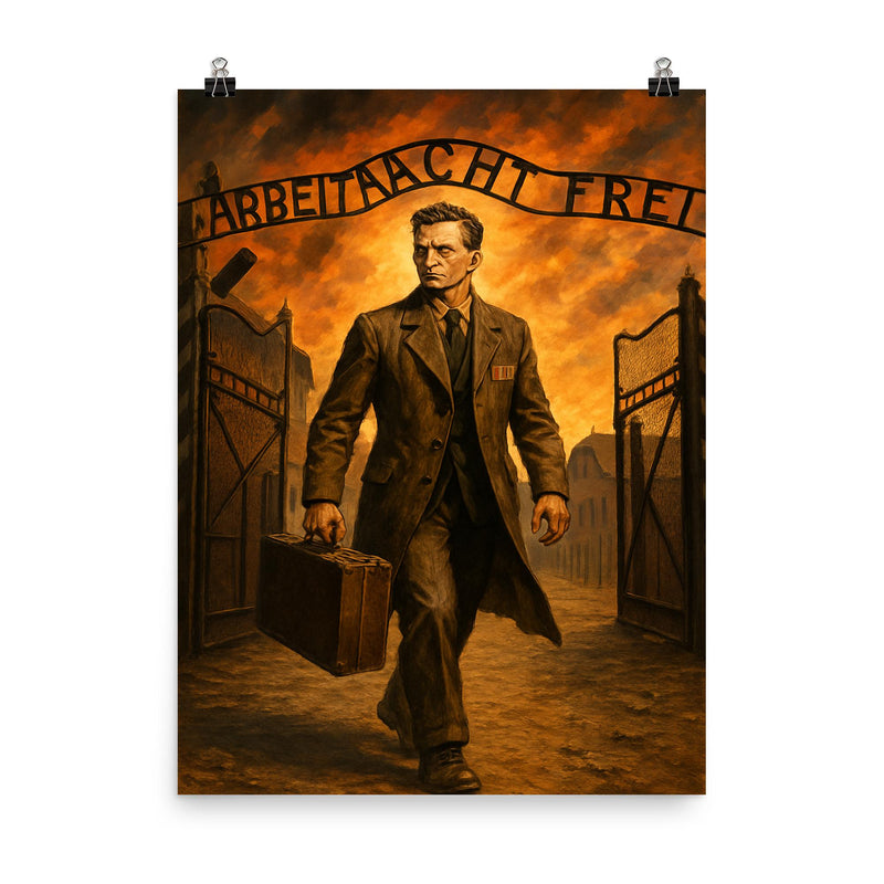 Witold Pilecki entering Auschwitz by design poster on a plain backdrop in size 8