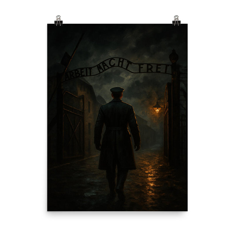Witold Pilecki entering Auschwitz voluntarily at night poster on a plain backdrop in size 8