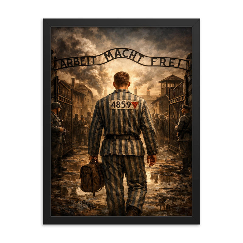 Witold Pilecki entering Auschwitz voluntarily framed print on a plain backdrop in size 18