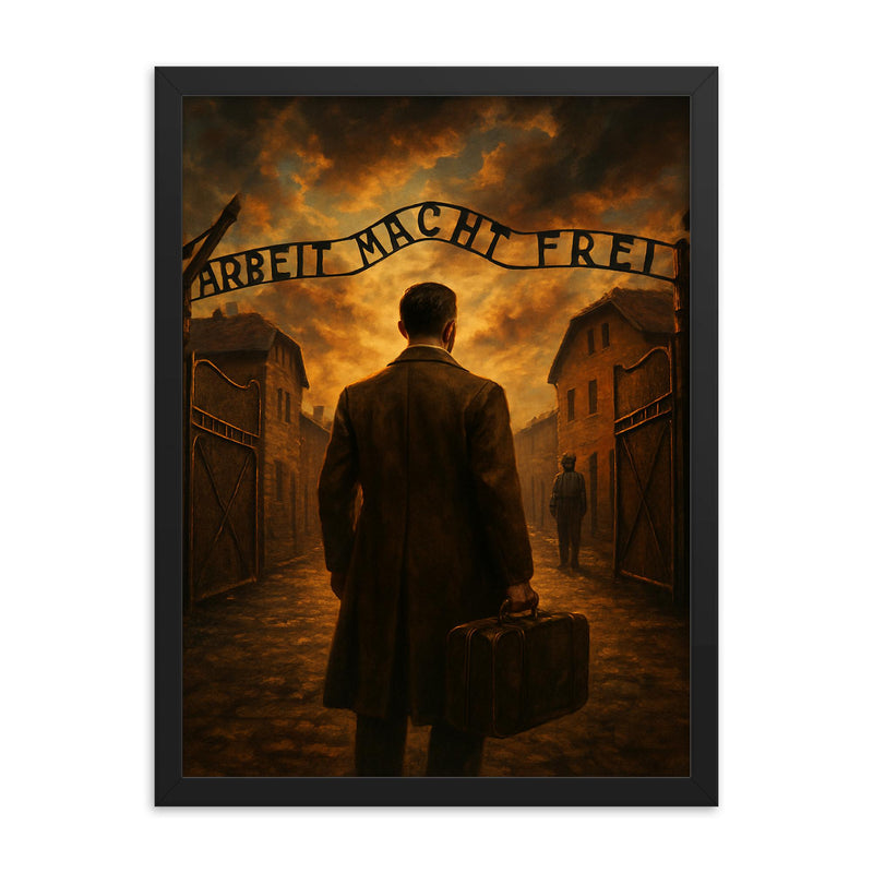 Witold Pilecki entering Auschwitz voluntarily framed print on a plain backdrop in size 18
