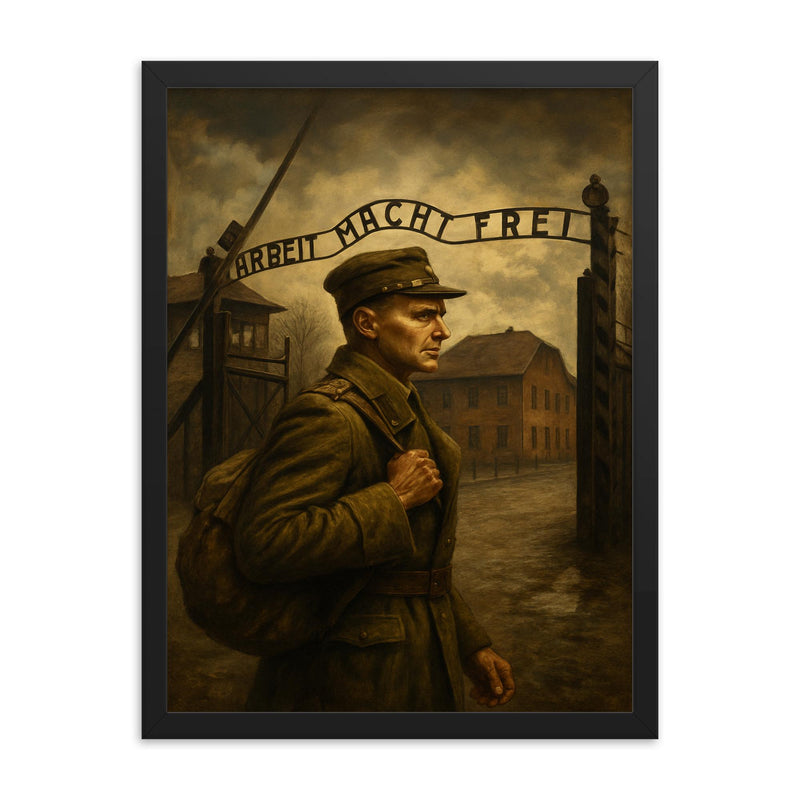 Witold Pilecki entering Auschwitz voluntarily framed print on a plain backdrop in size 18