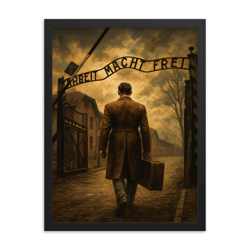 Witold Pilecki entering Auschwitz voluntarily framed print on a plain backdrop in size 18