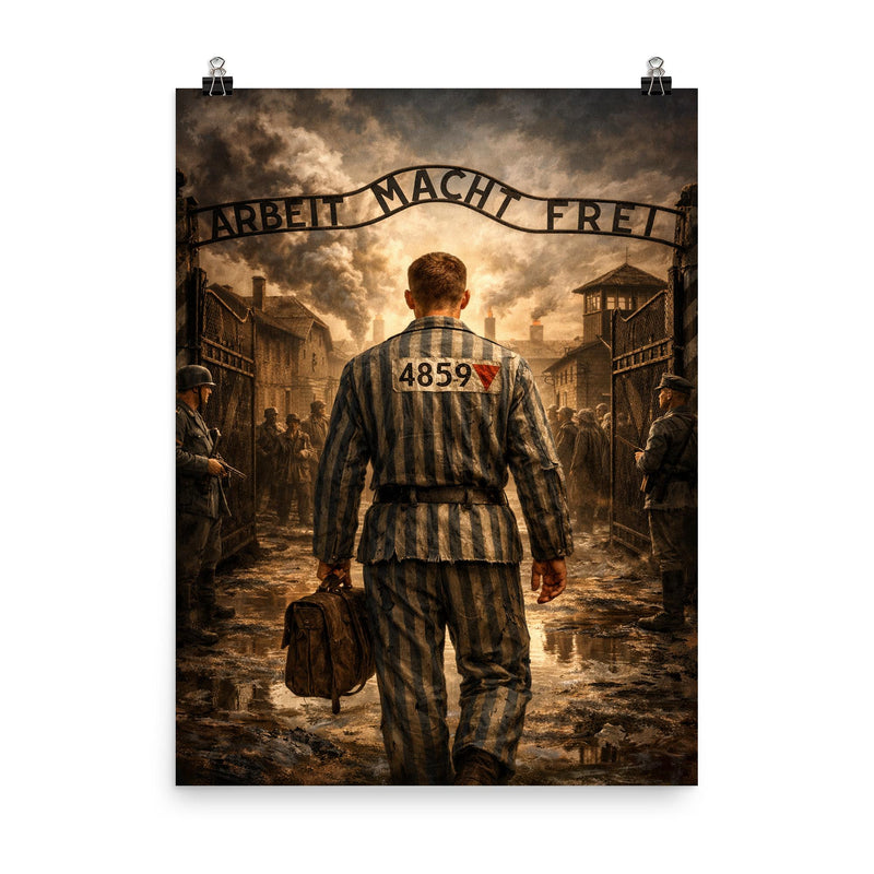 Witold Pilecki entering Auschwitz voluntarily poster on a plain backdrop in size 8