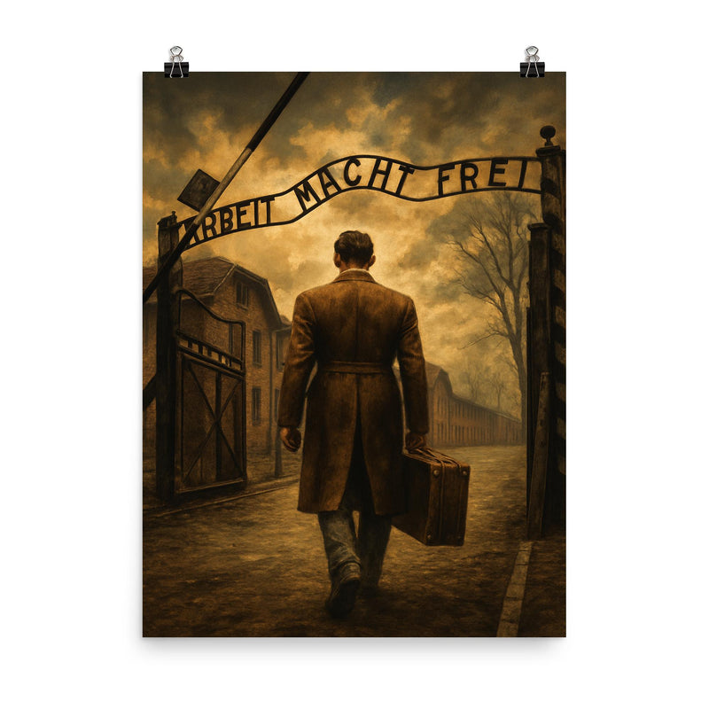 Witold Pilecki entering Auschwitz voluntarily poster on a plain backdrop in size 8