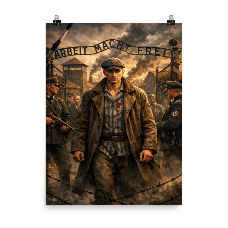 Witold Pilecki entering Auschwitz voluntarily poster on a plain backdrop in size 8