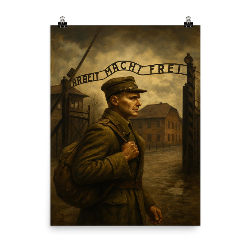 Witold Pilecki entering Auschwitz voluntarily poster on a plain backdrop in size 8