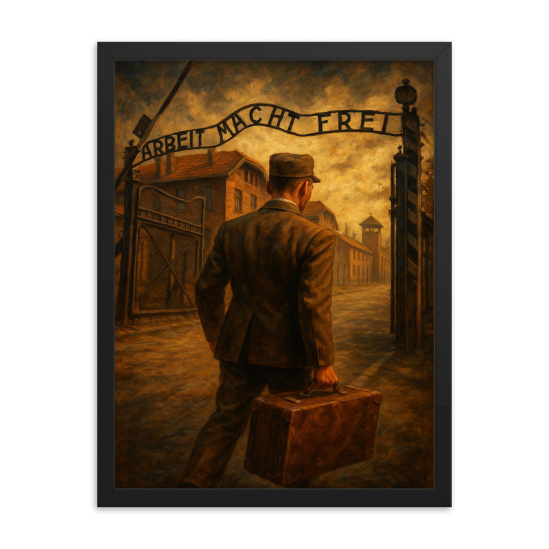 Witold Pilecki entering Auschwitz willingly framed print on a plain backdrop in size 18