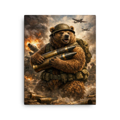 Wojtek the bear carrying artillery shells canvas print on a plain backdrop in size 16"x20".