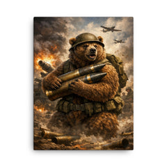 Wojtek the bear carrying artillery shells canvas print on a plain backdrop in size 18"x24".