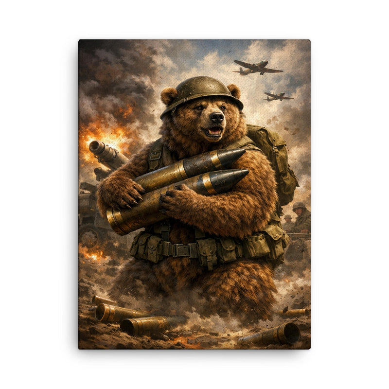 Wojtek the bear carrying artillery shells canvas print on a plain backdrop in size 18