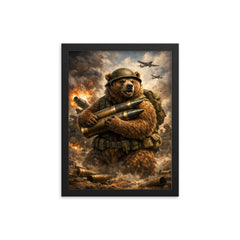 Wojtek the bear carrying artillery shells framed print on a plain backdrop in size 12"x16".