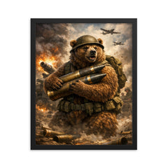Wojtek the bear carrying artillery shells framed print on a plain backdrop in size 16"x20".