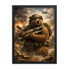 Wojtek the bear carrying artillery shells framed print on a plain backdrop in size 18"x24".