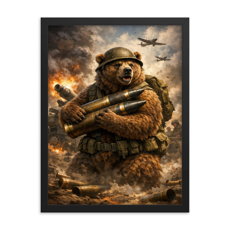 Wojtek the bear carrying artillery shells framed print on a plain backdrop in size 18