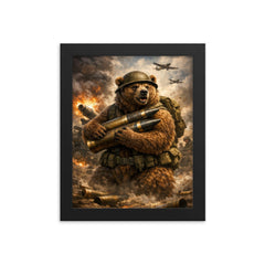 Wojtek the bear carrying artillery shells framed print on a plain backdrop in size 8"x10".