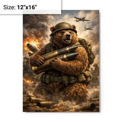 Wojtek the bear carrying artillery shells metal print on a plain backdrop in size 12"x16".
