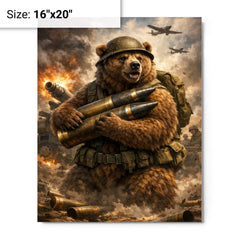 Wojtek the bear carrying artillery shells metal print on a plain backdrop in size 16"x20".