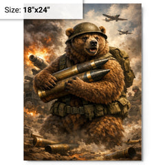 Wojtek the bear carrying artillery shells metal print on a plain backdrop in size 18"x24".