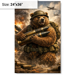 Wojtek the bear carrying artillery shells metal print on a plain backdrop in size 24"x36".