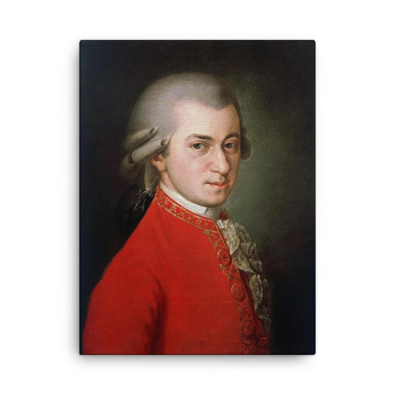 Wolfgang Amadeus Mozart canvas print on a plain backdrop in size 18