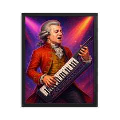 Wolfgang Amadeus Mozart in classical attire shredding an 80s style keytar on stage framed print on a plain backdrop in size 16"x20".