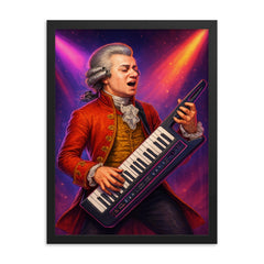 Wolfgang Amadeus Mozart in classical attire shredding an 80s style keytar on stage framed print on a plain backdrop in size 18"x24".