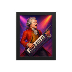 Wolfgang Amadeus Mozart in classical attire shredding an 80s style keytar on stage framed print on a plain backdrop in size 8"x10".