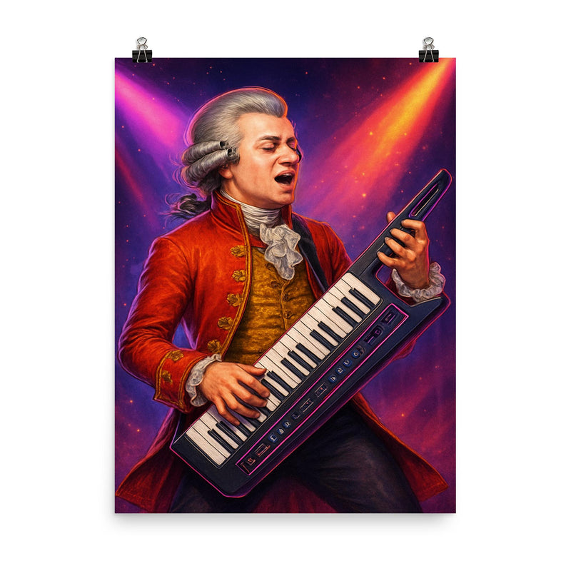 Wolfgang Amadeus Mozart in classical attire shredding an 80s style keytar on stage poster on a plain backdrop in size 8