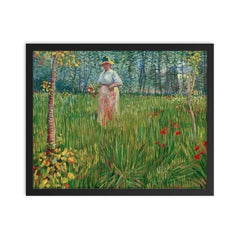 Woman in a Garden by Vincent van Gogh, 1887 framed print on a plain backdrop in size 16"x20".
