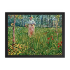 Woman in a Garden by Vincent van Gogh, 1887 framed print on a plain backdrop in size 18"x24".