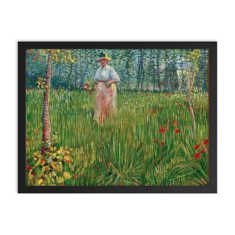 Woman in a Garden by Vincent van Gogh, 1887 framed print on a plain backdrop in size 18