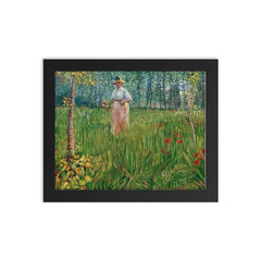 Woman in a Garden by Vincent van Gogh, 1887 framed print on a plain backdrop in size 8"x10".