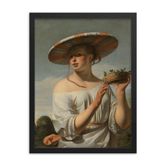 Woman in a Large Hat by Caesar Boetius van Everdingen, c. 1650 framed print on a plain backdrop in size 18"x24".