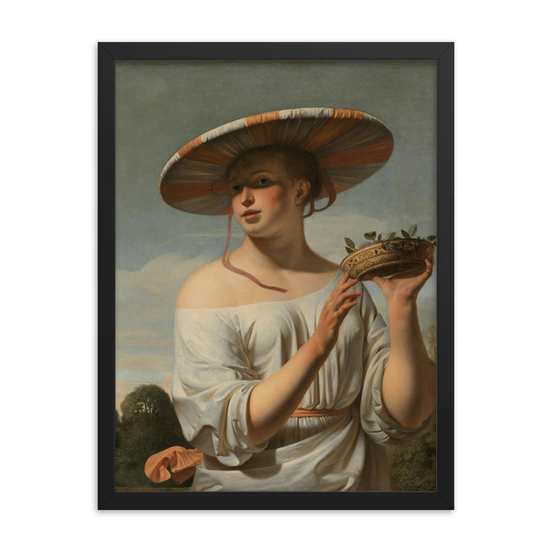 Woman in a Large Hat by Caesar Boetius van Everdingen, c. 1650 framed print on a plain backdrop in size 18
