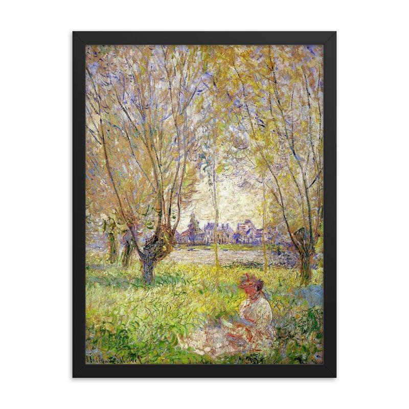 Woman Sitting Under the Willows by Claude Monet, 1880 framed print on a plain backdrop in size 18