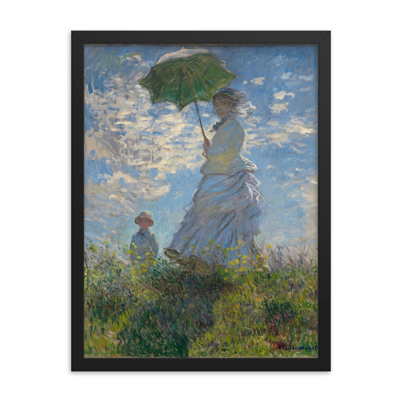 Woman with a Parasol by Claude Monet, 1875 framed print on a plain backdrop in size 18