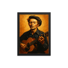 Woody Guthrie framed print on a plain backdrop in size 12"x16".