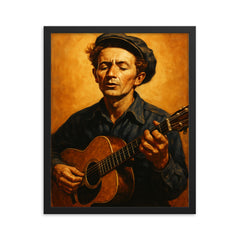 Woody Guthrie framed print on a plain backdrop in size 16"x20".